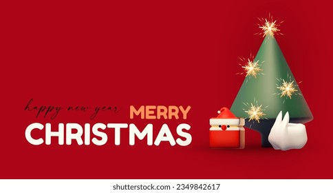 Merry Christmas and Happy New Year design template with gift box, snowflake, white rabbit and Santa Claus. Happy holidays. Special season offer