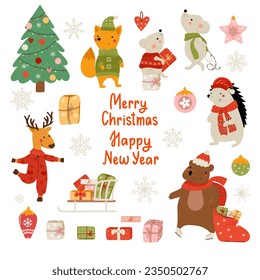 Merry Christmas and Happy New Year clipart collection with lettering and cute animals. Hand drawn design elements in vector.