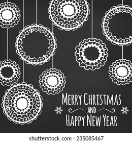 Merry Christmas and Happy New Year. Abstract blackboard background with balls. Vector illustration