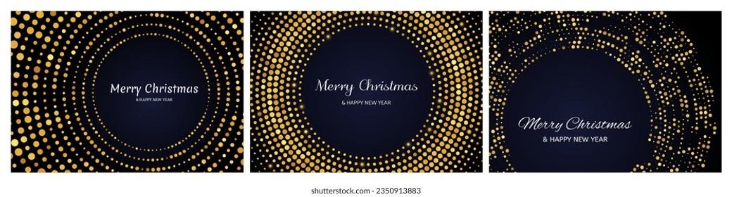 Merry Christmas and Happy New Year backdrops with gold glitter pattern in circle form. Set of abstract gold glowing halftone dotted backgrounds for Christmas holiday greeting card on dark background