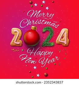 Merry Christmas and Happy New Year 2024 greeting card, red background,  hand written, vector illustration