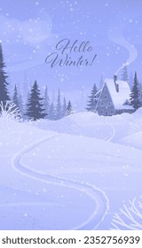 Merry Christmas and Happy New Year greeting card in winter forest.