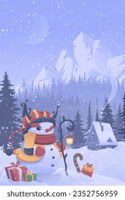 Merry Christmas and Happy New Year greeting card in winter forest.