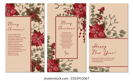 Merry Christmas and Happy New Year vertical greeting card pack with hand drawn poinsettia flowers and mistletoe branches. Vector illustration in sketch style. 