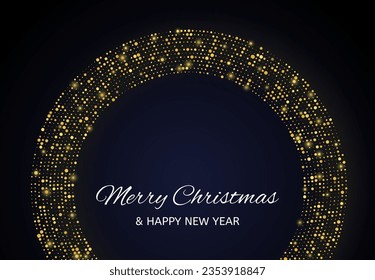 Merry Christmas and Happy New Year of gold glitter pattern in circle form. Abstract gold glowing halftone dotted background for Christmas holiday greeting card on dark background. Vector illustration