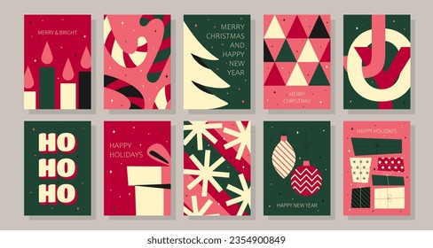Merry Christmas and Happy New Year greeting card set. Hand drawn Trendy Winter Holidays art templates. Vector illustration