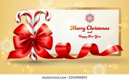 Merry Christmas and Happy New Year background. Festive background with candy cane and red bow. Vector illustration. Eps 10. 