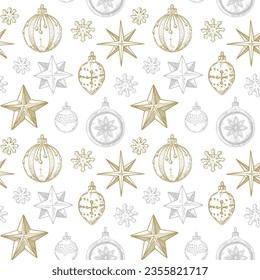 Merry Christmas and Happy New Year seamless pattern with golden hand drawn stars and toys. Festive background. Vector illustration in sketch style