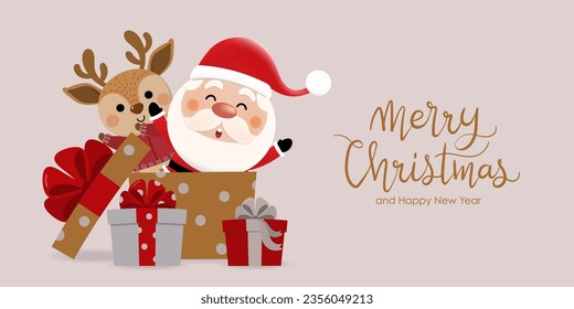 Merry Christmas and happy new year greeting card with cute Santa Claus, deer and gift box. Holiday cartoon character in winter season. -Vector.