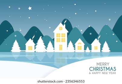 Merry christmas and a happy new year. Vector Christmas background, greeting card. Views of the house in winter. Art paper and crafts