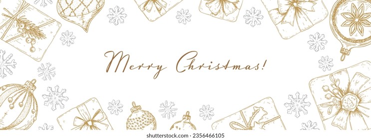 Merry Christmas and Happy New Year horizontal greeting card with hand drawn golden Christmas gift boxes and snowflakes. Vector illustration in sketch style. Holiday festive background