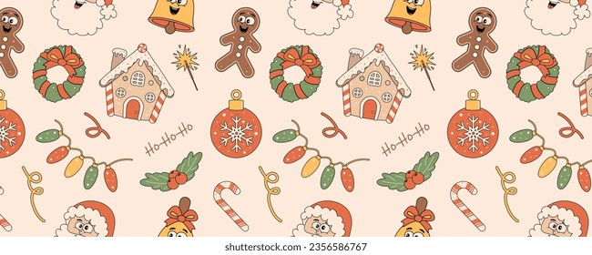 Merry Christmas and Happy New Year seamless pattern. Gingerbread, festive wreath, lollipop, Santa Claus in a groovy retro cartoon style. Vector illustration for textile, packaging, wallpaper.