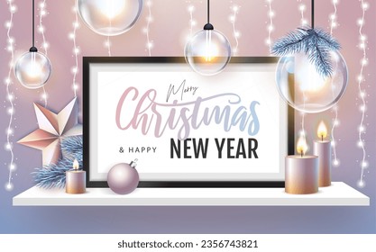 Merry Christmas and happy New Year poster with christmas holiday decorations. Chrisrmas background with string of lights. 3D interior design with black frame on white walll shelf.