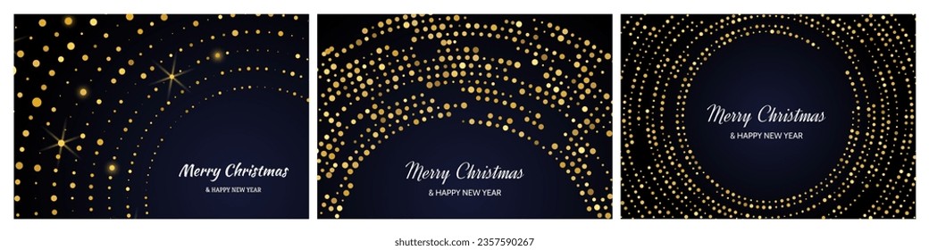 Merry Christmas and Happy New Year backdrops with gold glitter pattern in circle form. Set of abstract gold glowing halftone dotted backgrounds for Christmas holiday greeting card on dark background
