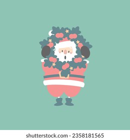 merry christmas and happy new year with cute santa claus and wreath in the winter season green background, flat vector illustration cartoon character costume design