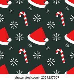 Merry Christmas and Happy New Year seamless pattern.Vector illustration of Santa Claus hat, candy cane, snowflakes.