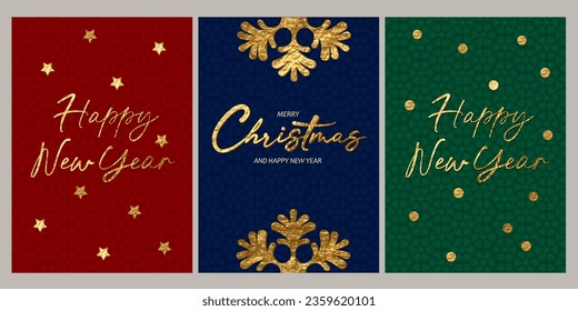 Merry Christmas and Happy New Year holiday card design. Golden foil letters, snowflakes, lettering. Shiny festive texture. Colorful Christmas style.