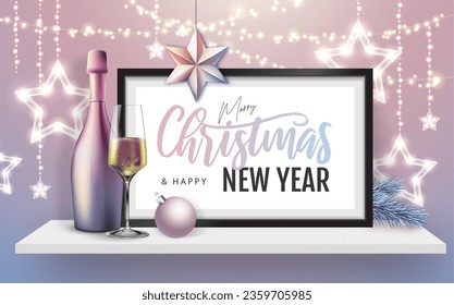 Merry Christmas and happy New Year poster with christmas holiday decorations. Chrisrmas background with string of lights. 3D interior design with black frame on white walll shelf.