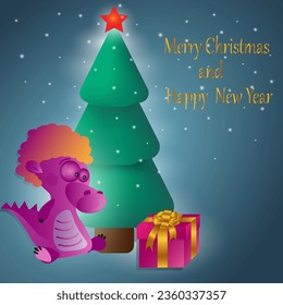 Merry Christmas and Happy New Year Festive background with Christmas tree gift box and baby dragon on blue background. Vector graphics.
