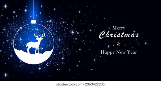 Merry Christmas and Happy New Year. Christmas ball with a silhouette of a deer in the snow on a dark background with flickering particles. Template for card, invitation, poster. Vector illustration.