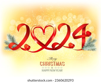 Merry Christmas and Happy New Year. Yellow Glowing background with numbers 2024 and heart made of red ribbon and Christmas tree branches. Vector