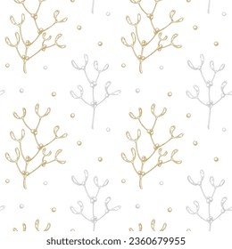 Merry Christmas and Happy New Year mistletoe seamless pattern. Vector illustration in sketch style. Festive background