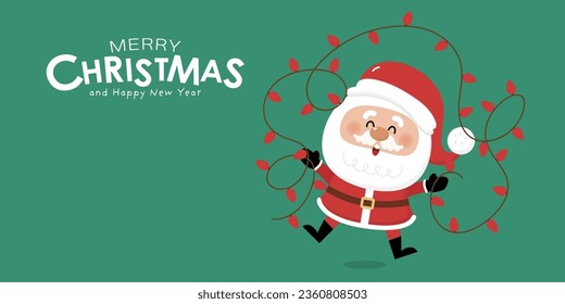 Merry Christmas and happy new year greeting card with cute Santa Claus and bulb light. Holiday cartoon characters set. -Vector