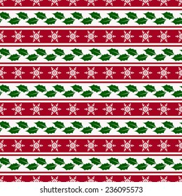 Merry Christmas and Happy New Year! Striped background with snowflakes and holly leaves. Seamless pattern. Vector illustration.