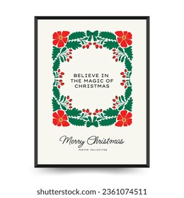 Merry Christmas and Happy New Year vertical flyer or poster template. Modern trendy Matisse minimal style. Hand drawn design for wallpaper, wall decor, print, postcard, cover, template, banner.