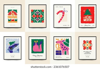 Merry Christmas and Happy New Year vertical flyer or poster template. Modern trendy Matisse minimal style. Hand drawn design for wallpaper, wall decor, print, postcard, cover, template, banner.