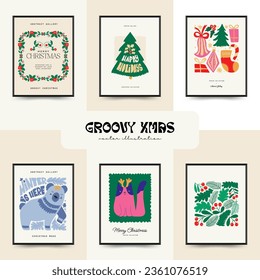 Merry Christmas and Happy New Year vertical flyer or poster template. Modern trendy Matisse minimal style. Hand drawn design for wallpaper, wall decor, print, postcard, cover, template, banner.