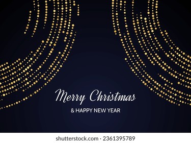 Merry Christmas and Happy New Year of gold glitter pattern in circle form. Abstract gold glowing halftone dotted background for Christmas holiday greeting card on dark background. Vector illustration