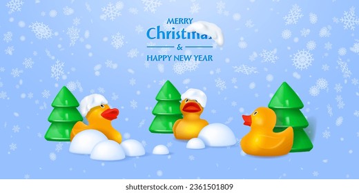 Merry Christmas and Happy New Year poster. Yellow rubber ducks in the winter forest