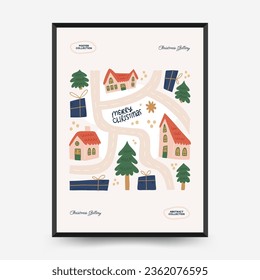 Merry Christmas and Happy New Year vertical flyer or poster template. Modern trendy Matisse minimal style. Hand drawn design for wallpaper, wall decor, print, postcard, cover, template, banner.