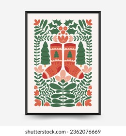 Merry Christmas and Happy New Year vertical flyer or poster template. Modern trendy Matisse minimal style. Hand drawn design for wallpaper, wall decor, print, postcard, cover, template, banner.