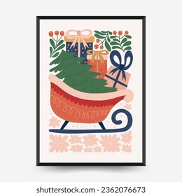Merry Christmas and Happy New Year vertical flyer or poster template. Modern trendy Matisse minimal style. Hand drawn design for wallpaper, wall decor, print, postcard, cover, template, banner.