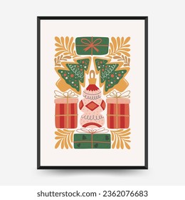 Merry Christmas and Happy New Year vertical flyer or poster template. Modern trendy Matisse minimal style. Hand drawn design for wallpaper, wall decor, print, postcard, cover, template, banner.