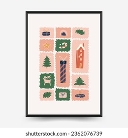 Merry Christmas and Happy New Year vertical flyer or poster template. Modern trendy Matisse minimal style. Hand drawn design for wallpaper, wall decor, print, postcard, cover, template, banner.