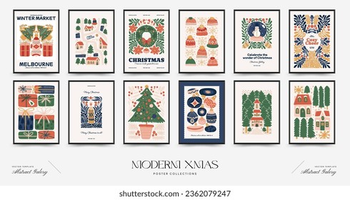 Merry Christmas and Happy New Year vertical flyer or poster template. Modern trendy Matisse minimal style. Hand drawn design for wallpaper, wall decor, print, postcard, cover, template, banner.