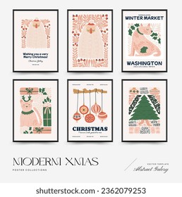 Merry Christmas and Happy New Year vertical flyer or poster template. Modern trendy Matisse minimal style. Hand drawn design for wallpaper, wall decor, print, postcard, cover, template, banner.