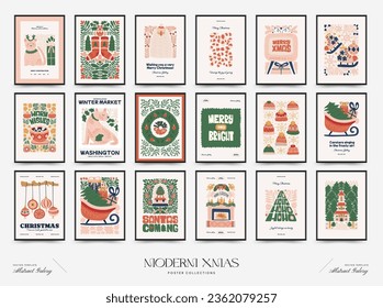 Merry Christmas and Happy New Year vertical flyer or poster template. Modern trendy Matisse minimal style. Hand drawn design for wallpaper, wall decor, print, postcard, cover, template, banner.