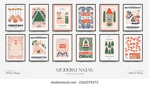 Merry Christmas and Happy New Year vertical flyer or poster template. Modern trendy Matisse minimal style. Hand drawn design for wallpaper, wall decor, print, postcard, cover, template, banner.