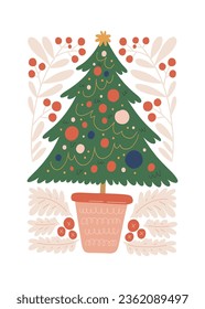 Merry Christmas and Happy New Year illustration. Modern trendy Matisse minimal style. Hand drawn design for wallpaper, wall decor, print, postcard, cover, template, banner.