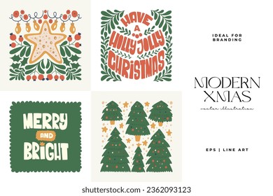 Feliz Navidad y feliz ilustración de Año Nuevo. Moderna moda Matisse minimalista. Diseño dibujado a mano para papel pintado, decoración de pared, impresión, postal, cubierta, plantilla, banner.