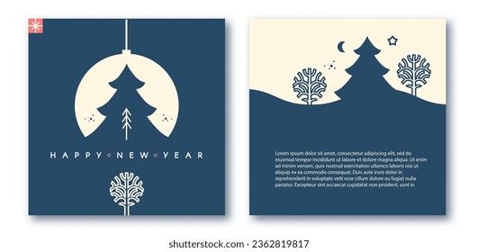 Merry Christmas and Happy New Year flyer and card template set with Christmas trees. Coniferous forest. Fir tree. Season winter offer. Minimal landscape