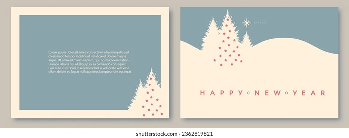 Merry Christmas and Happy New Year flyer and card template set with Christmas trees. Coniferous forest. Fir tree. Season winter offer. Minimal landscape