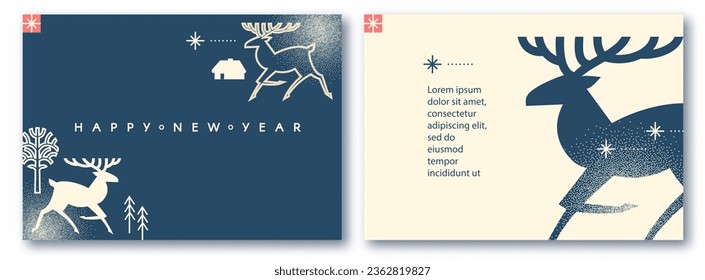 Merry Christmas and Happy New Year flyer and card template set with running Christmas deer. Season winter offer. Minimal landscape