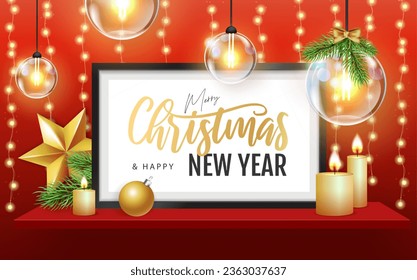 Merry Christmas and happy New Year poster with christmas holiday decorations. Chrisrmas background with string of lights. 3D interior design with black frame on red walll shelf.
