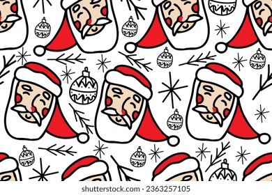 Merry Christmas and Happy New Year. Festive celebration. Cartoon Santa Claus, fir tree branch,  decoration, snowflake, winter holidays celebration.  Presents and gifts seamless vector pattern. 