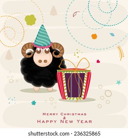 Merry Christmas and Happy New Year celebrations with sheep and gift box on stylish background.